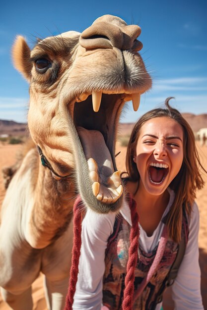 Una turista felice che si diverte a fare un giro di gruppo in cammello nel deserto