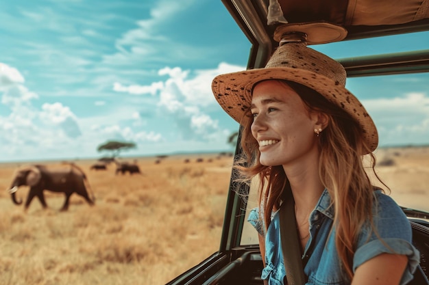 Una turista felice in un veicolo nella savana con gli elefanti