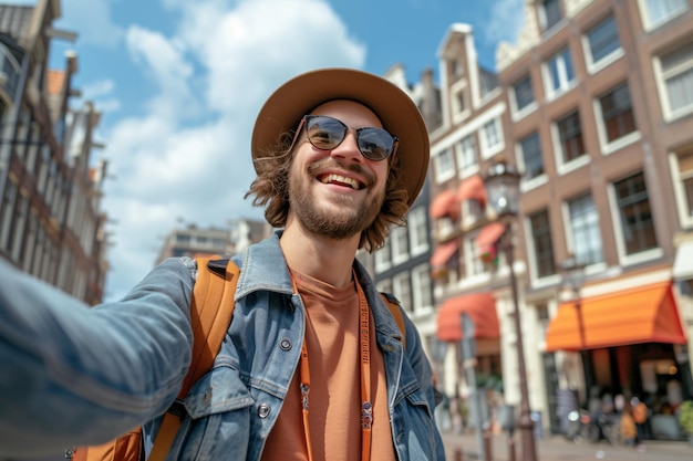 Una turista si fa un selfie a Venezia durante la sua vacanza. Un uomo in visita in Italia.