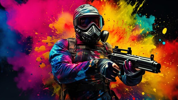 Una tuta tattica e bombe colorate per un gioco di guerra di paintball