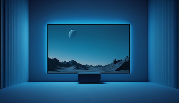 Una tv a led blu con una luce blu che dice 'samsung' su di essa