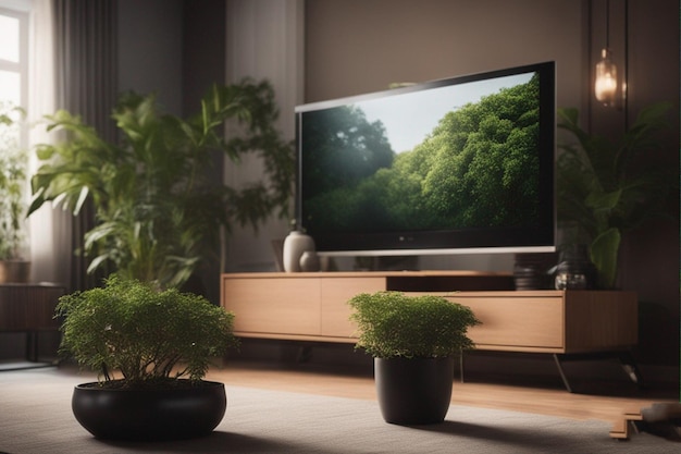 una tv a schermo piatto è posizionata su un tavolo con piante e una tv.