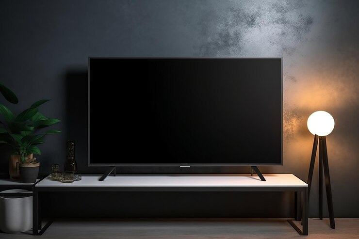 una TV a schermo piatto si siede su un tavolo in una stanza buia