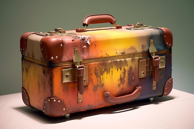 Una valigia colorata con la scritta sul lato