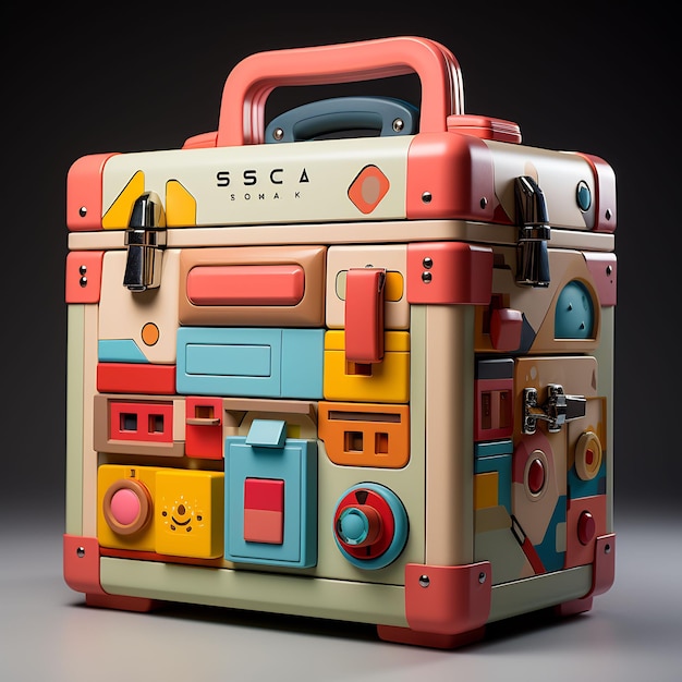 una valigia colorata con la scritta "sx" sul davanti.