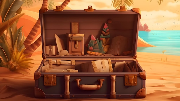 Una valigia con sopra una scatola con scritto "spiaggia".