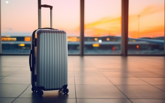 Una valigia da viaggio blu vibrante si trova in un terminal dell'aeroporto sfocato