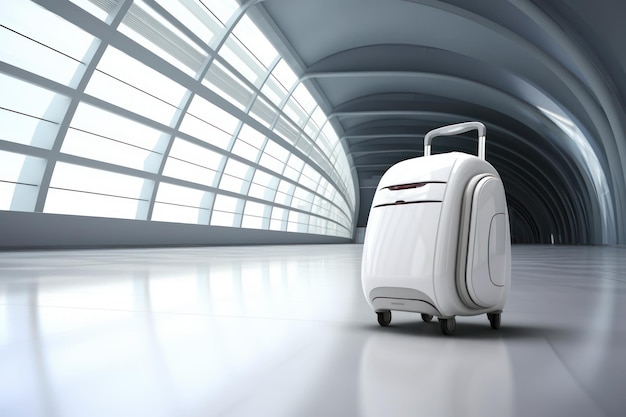 Una valigia futuristica moderna su ruote sullo sfondo dell'aeroporto