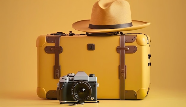 Una valigia gialla con sopra un cappello e una macchina fotografica su un tavolo.