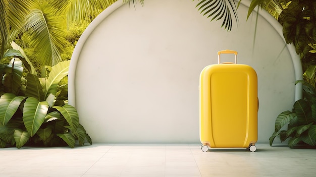 Una valigia gialla con una palma verde sullo sfondo.