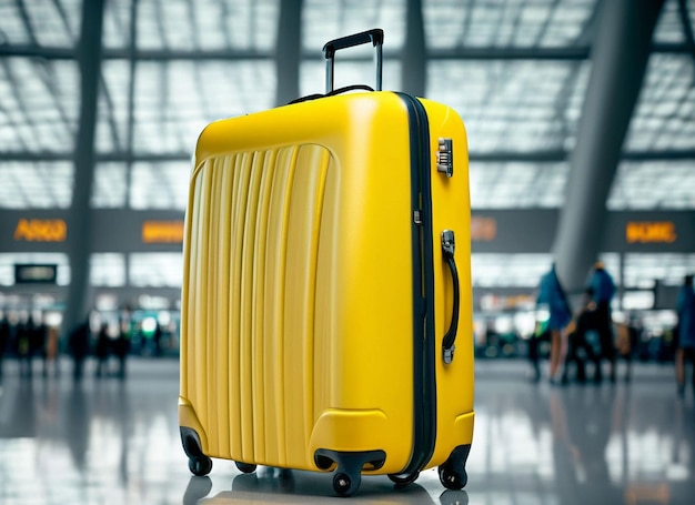 Una valigia gialla è in aeroporto con sopra la scritta mtn.