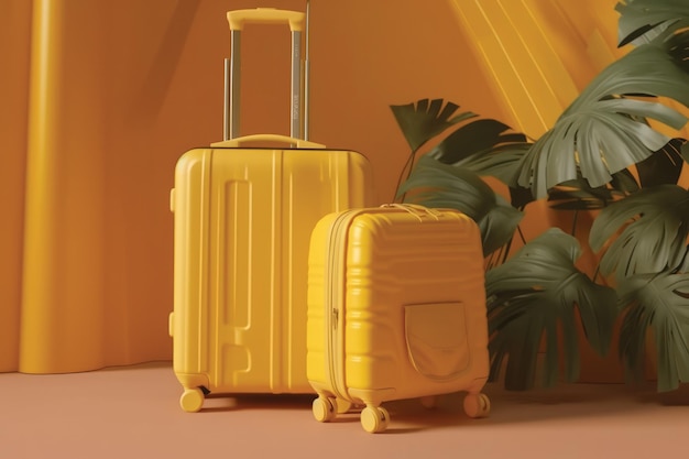 Una valigia gialla è posta su uno sfondo giallo con vari accessori