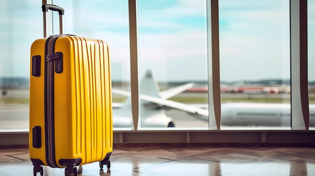 Una valigia gialla seduta davanti a un'immagine ai generativa della finestra