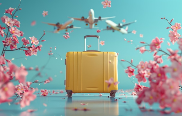 Una valigia gialla vibrante si trova in mezzo a fiori arancione sotto un cielo blu limpido con un aereo in volo
