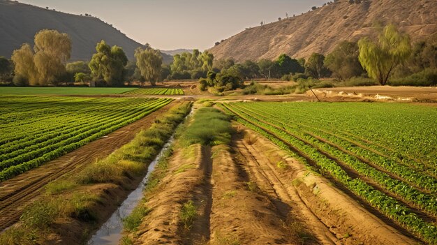 Una valle agricola con colture irrigue generate dall'intelligenza artificiale