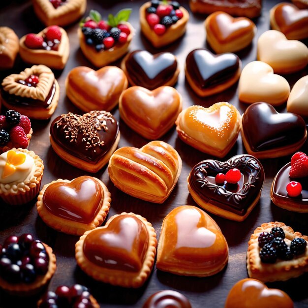 Una varietà assortita di dolci in forma di cuore un dolce regalo per celebrare il romanticismo l'amore e San Valentino