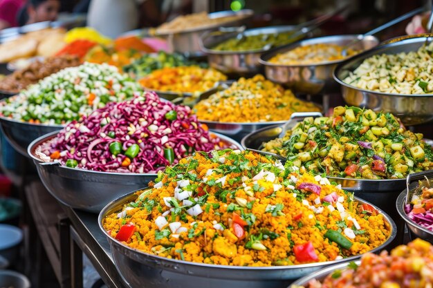 una varietà colorata di cibo indiano piccante di strada chaat masala