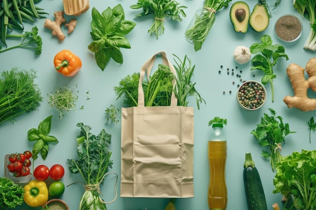 Una varietà colorata di verdure e frutta mature esce da una borsa della spesa mostrando un raccolto di freschezza e bontà naturale