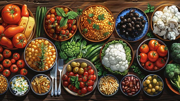 Una varietà di alimenti orientati alla salute presentati per mostrare la diversità di una dieta nutriente ideale per guidare coloro che mantengono uno stile di vita sano AI Generative