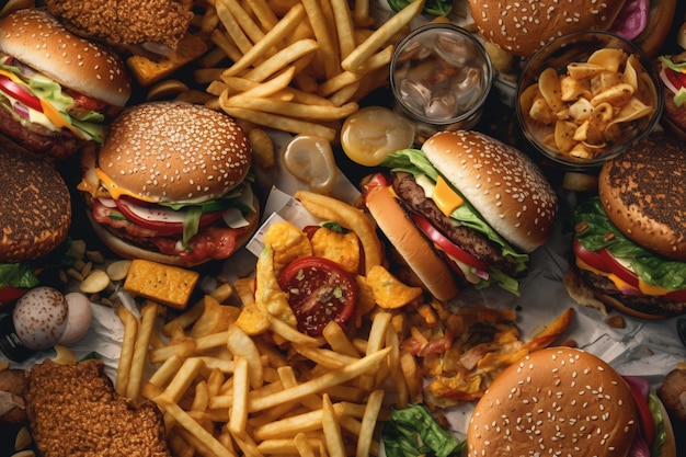 Una varietà di articoli da fast food tra cui hamburger, patatine fritte e altri cibi.