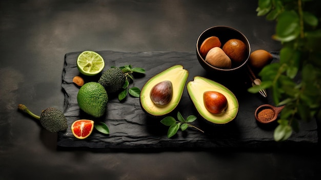 Una varietà di avocado è su un piatto nero.