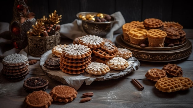 Una varietà di biscotti sono su un tavolo con altri biscotti e cioccolatini.