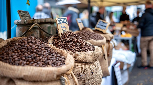 Una varietà di chicchi di caffè sono esposti in grandi sacchi di tela in un mercato stradale