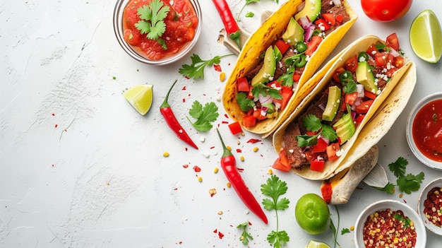 Una varietà di cibo messicano tra cui tacos, salsa, formaggio e nachos con ingredienti freschi