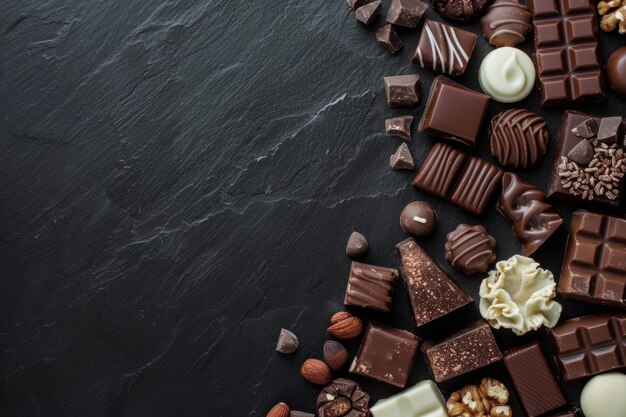 Una varietà di cioccolatini e noci artisticamente disposti su uno sfondo di ardesia scura con spazio per la copia a sinistra