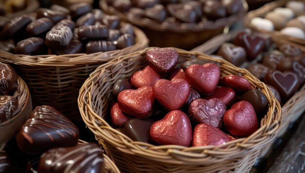 Una varietà di cioccolatini fatti a mano a forma di cuore.