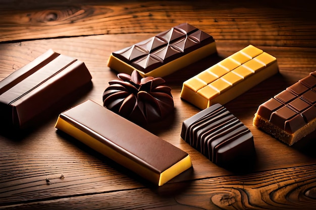 Una varietà di cioccolatini su un tavolo di legno