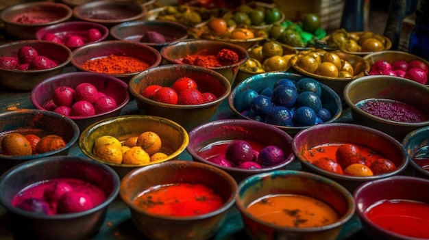 Una varietà di ciotole colorate di diversi colori sono esposte in un mercato.