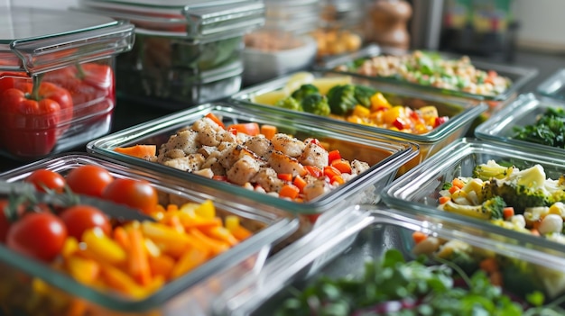Una varietà di contenitori per la preparazione di pasti sani con verdure e cereali freschi