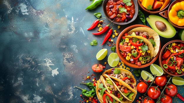 Una varietà di cucina messicana con tacos salsa e avocado guarniti con lime e erbe fresche