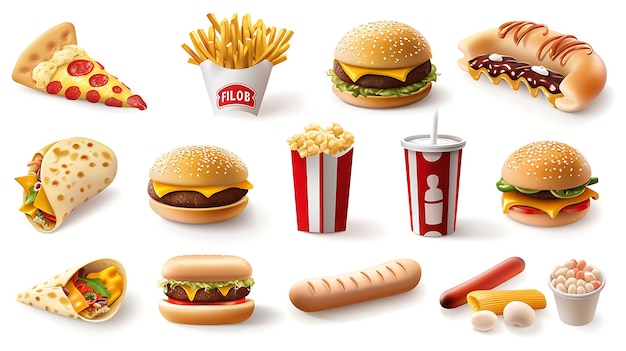 Una varietà di deliziosi prodotti di fast food sono esposti tra cui pizza burger patatine e hot dog Il cibo è tutto raffigurato in uno stile realistico