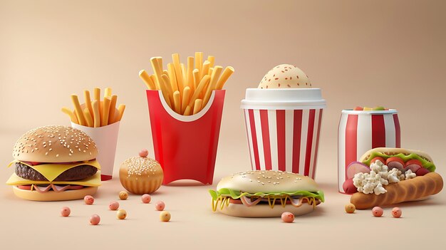 Una varietà di deliziosi prodotti fast food sono disposti su un tavolo ci sono due hamburger un hotdog un frullato e un grande ordine di patatine fritte