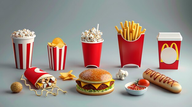 Una varietà di deliziosi prodotti fast food sono disposti su uno sfondo grigio solido L'immagine include un hamburger patatine popcorn un hotdog e una bevanda