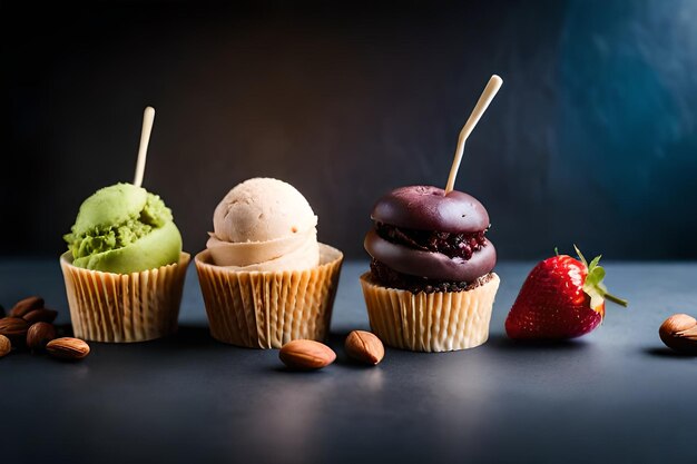 una varietà di dessert tra cui gelati, fragole e cupcake al cioccolato.