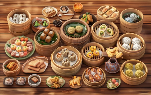 Una varietà di dim sum in vapori di bambù splendidamente disposti su un tavolo di legno con guarnizioni