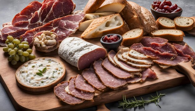 una varietà di diversi tipi di cibo tra cui salami e pane