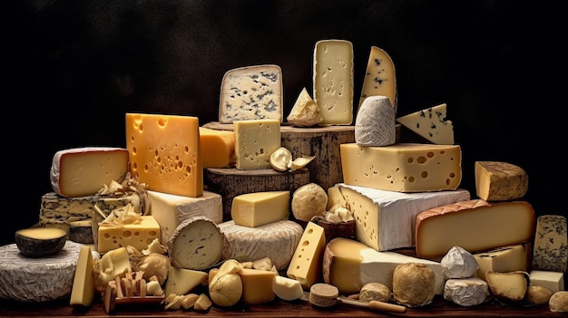 Una varietà di formaggi viene visualizzata su uno sfondo nero.