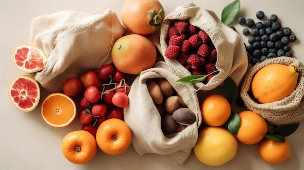 Una varietà di frutta è disposta su un tavolo.