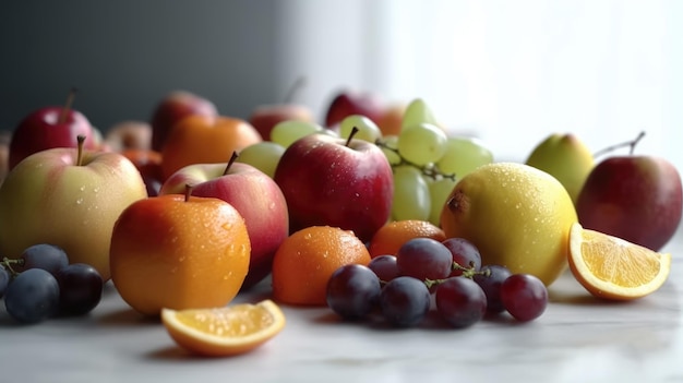 Una varietà di frutta è su un tavolo.