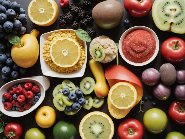 una varietà di frutta e verdura in ciotole focalizzazione alimentare fotografia alimentare sanitaria