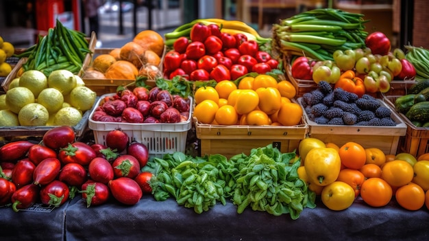 Una varietà di frutta e verdura sono in mostra in un mercato.