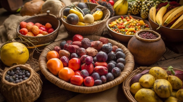Una varietà di frutta e verdura viene visualizzata su un tavolo.