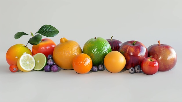 Una varietà di frutta fresca tra cui mele arance limoni lime e mirtilli sono disposti in fila su uno sfondo bianco solido