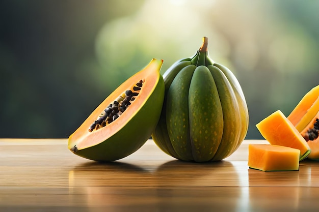 una varietà di frutta su un tavolo con fette di melone e mango.