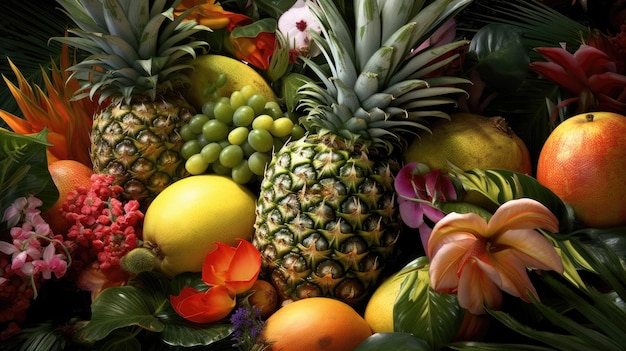 Una varietà di frutta tra cui ananas, mango e altri frutti