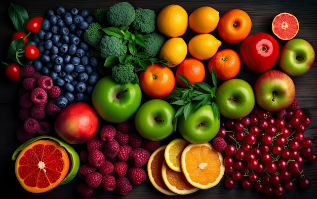 Una varietà di frutti tra cui broccoli, mirtilli, arance e altri frutti sono esposti su un tavolo.